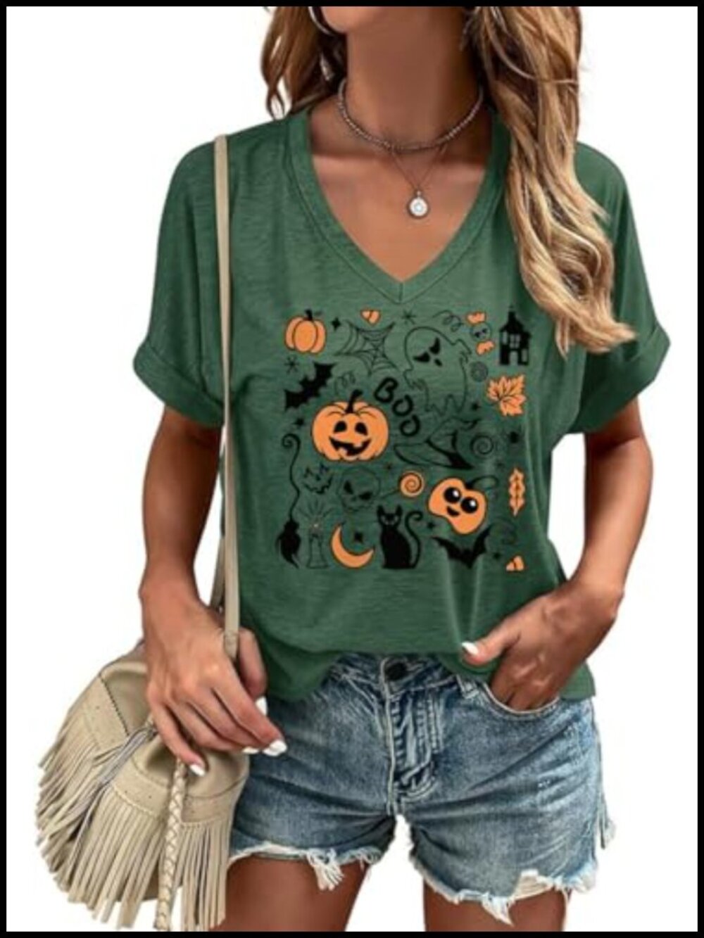 Women's Halloween V-Neck Short Sleeve Graphic Tee Cotton Blend Casual